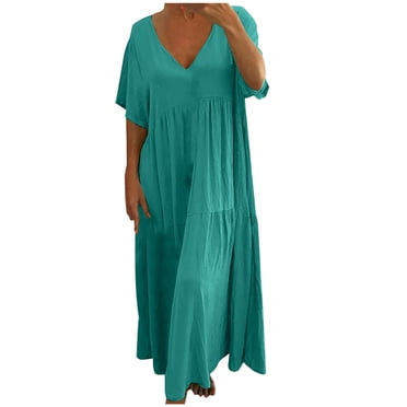 Meichang Robes en Coton et Lin pour Femmes Grande Taille Aguichant à Col en V à Manches Courtes Robes à Étages Unies Coupe Ample Robes Maxi Fluides Longues d'Été Robes Décontractées de Travail Bleu Clair TTG