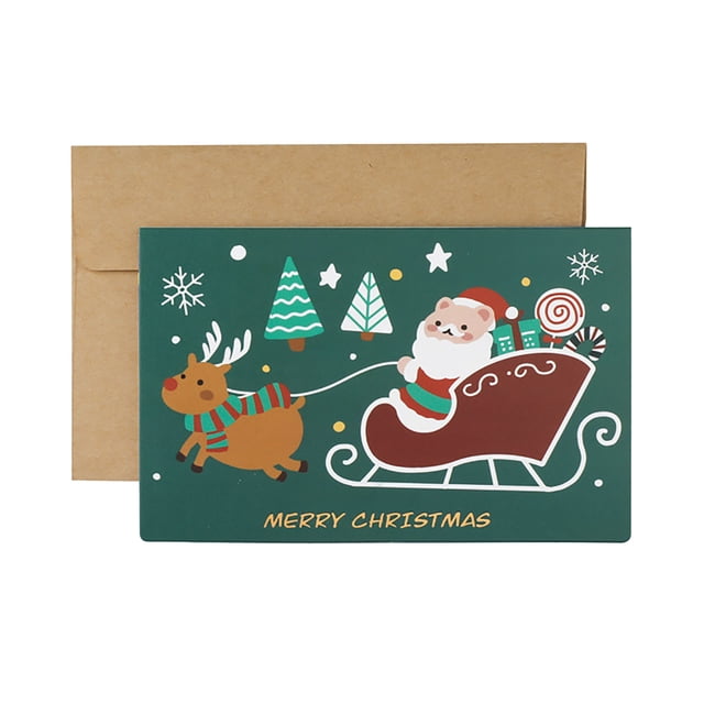 Ramiter Bunny Creative Cute Cartoon Christmas Greeting Card featuring a festive design with Santa Claus in a sleigh pulled by a reindeer, surrounded by Christmas trees, snowflakes, and candy illustrations. The card has a green background with 'Merry Christmas' text at the bottom. Includes 11 greeting cards and 1 envelope, made of paper, sized at 128x85mm for the card and 138x95mm for the envelope. Suitable for Christmas, invitations, and gifting occasions.