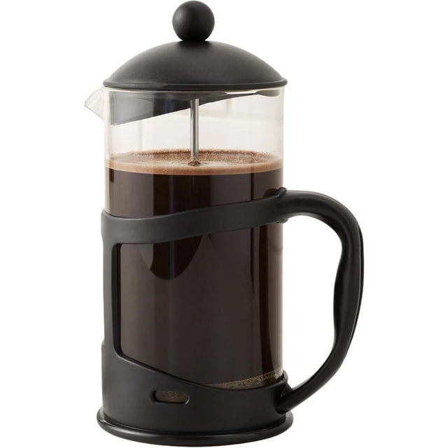 Mainstays French Press Coffee Maker with 1000ml borosilicate glass carafe, black plastic handle and lid, filled with brewed coffee, featuring a stainless steel infuser and three-level filter system suitable for coarse ground coffee, tea, or espresso.