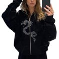 thumbnail image 1 of Women Casual Hooded Jacket Long Sleeve Zip Up Rhinestone Dragon Print Outwear with Pockets, 1 of 7