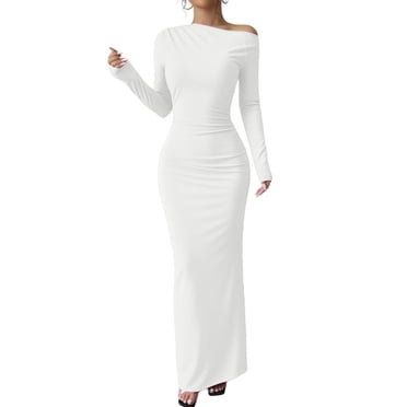 JGGSPWM One Shoulder Long Sleeve Dress for Women Solid Color Ruched Night Out Formal Maxi Fall Wedding Guest Dresses White S