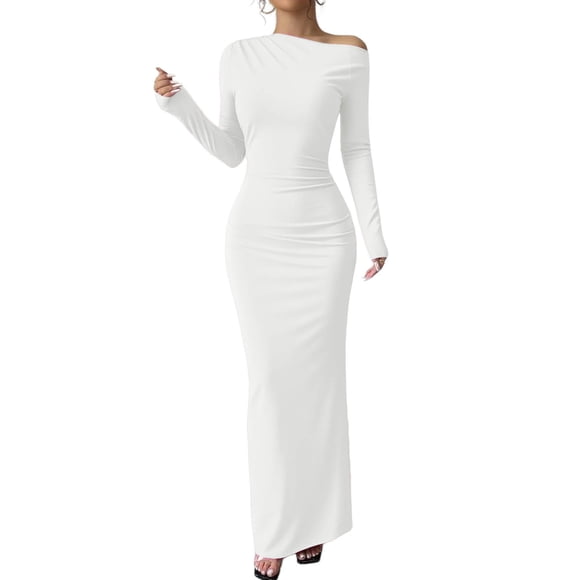 JGGSPWM One Shoulder Long Sleeve Dress for Women Solid Color Ruched Night Out Formal Maxi Fall Wedding Guest Dresses White S