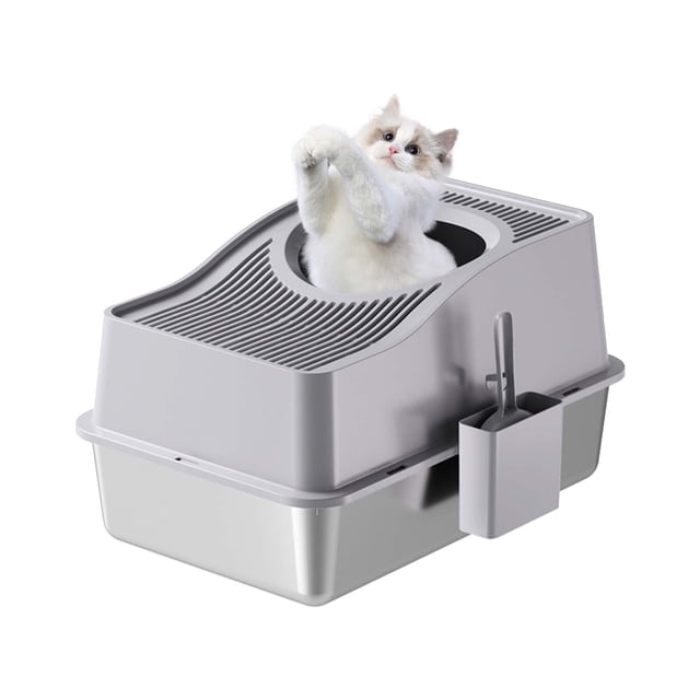 Stainless Steel Litter Box with Lid, Enclosed Litter Box with Cat Litter Mat and Scoop, Extra Large High Sided Cat Litter Trays Easy Clean Detachable