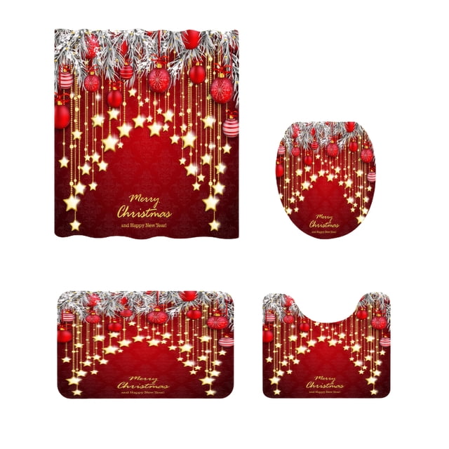 Transemion Curtain Bathroom Deco Christmas Shower Curtain Set Anti-Rust Metal Buttonhole Application Bathroom 4-piece
