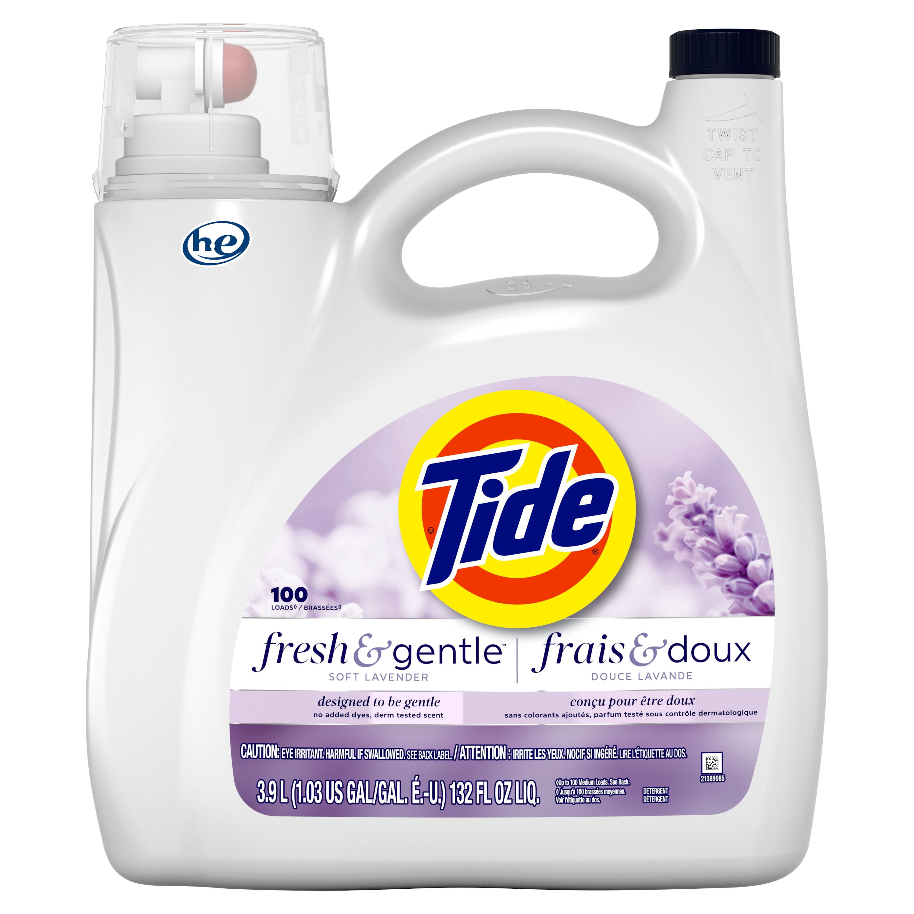 Tide Fresh & Gentle liquid laundry detergent, 100 Loads, Soft Lavender Scent, Gentle laundry soap with nature inspired freshness, Dermatologist tested, 100% free of added dyes and heavy perfumes