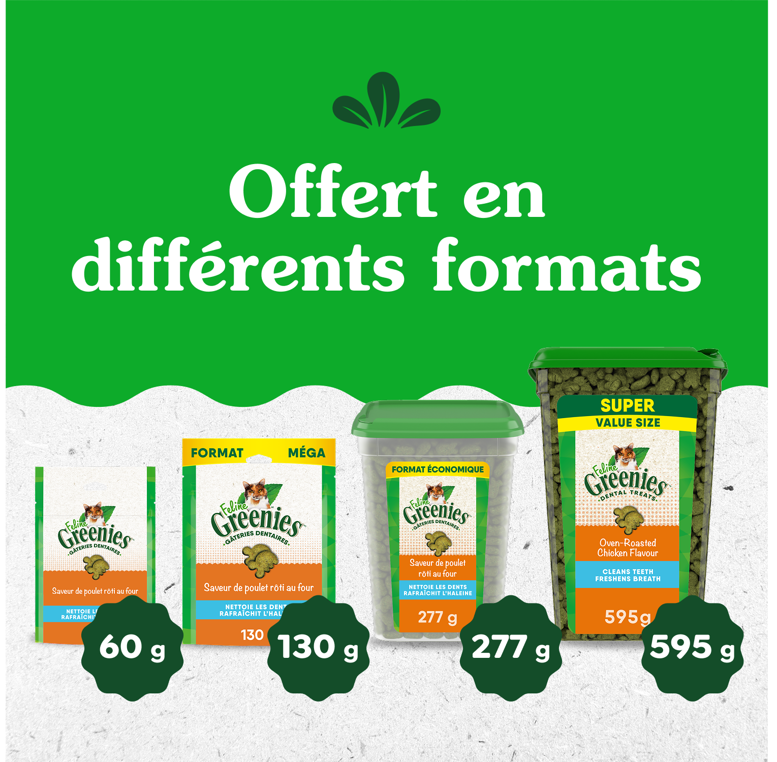 Gâteries dentaires pour chats adultes FELINE GREENIES saveur de poulet rôti au four en format très économique, contenant de 595 g (21 oz)