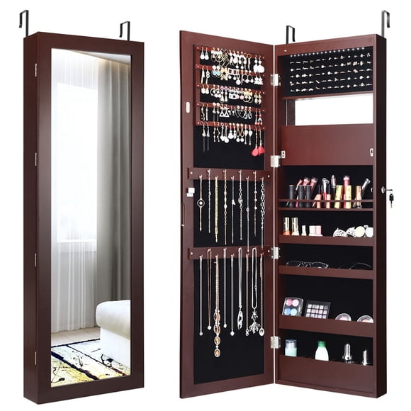 Costway Armoire à Bijoux avec Miroir Monté sur Porte Murale Verrouillable, Organisateur d'Armoire avec Lumières DEL
