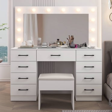 Ktaxon Grande Coiffeuse, Ensemble de Coiffeuse avec Dessus en Verre Visible avec Station de Recharge, pour Filles et Femmes, Blanc