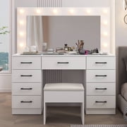 Ktaxon Large Makeup Vanity, Vanity Table Set w/ Visible Glass Top w/ Charging Station, for Girls and Women, White