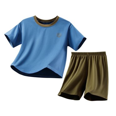 Pyjama en Coton pour Enfants à Manches Courtes, Ensemble 2 Pcs, Vêtements de Nuit Filles Garçons, Couleur Bonbon, Été, Doux, Ensemble de Shorts de Sommeil, Bleu, 14 Ans