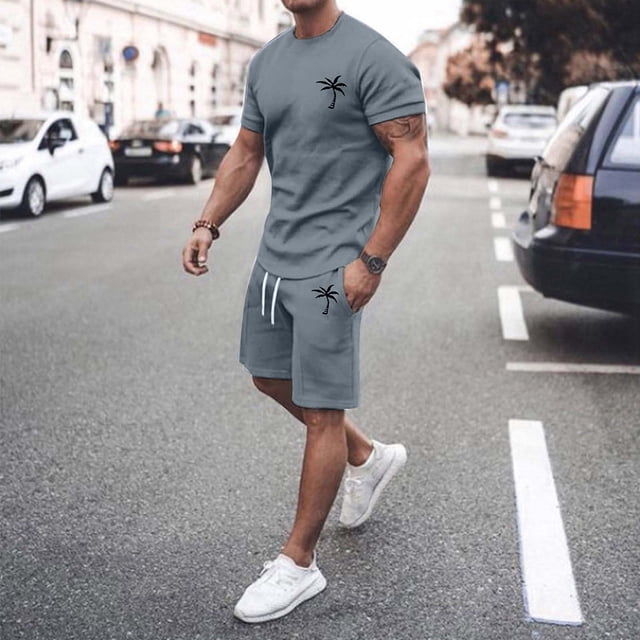 Ensemble de Survêtement d'Été Soigné pour Hommes/grande Taille Manches Courtes Col Rond Ensemble Athlétique/ Survêtement Décontracté à Blocs de Couleur Taille