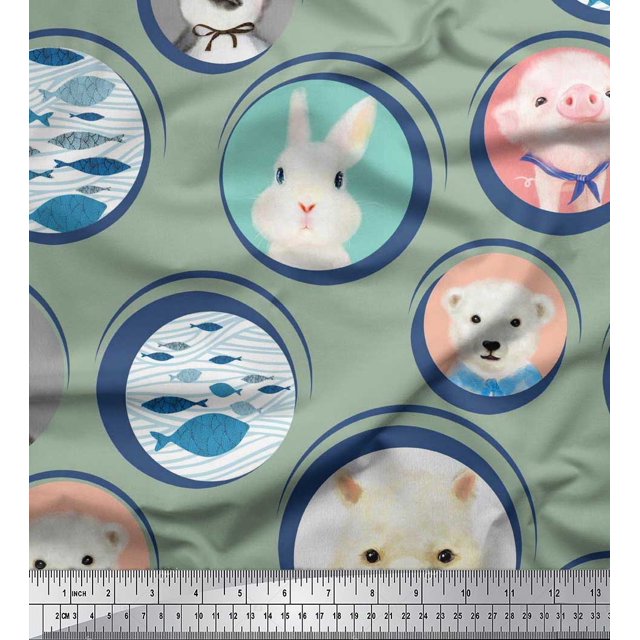 Soimoi Silk Fabric Circle,Fish & Cute Animals Patchwork Print Fabric by Yard 42 Inch Wide