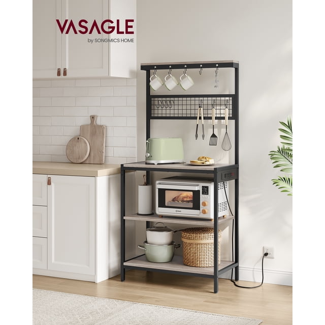 Bakers Rack with Charging Station, 80 cm Coffee Bar with Adjustable Storage Shelf, Microwave Stand, Grid Panel, 12 Hooks, for Kitchen, Heather Greige and Ink Black