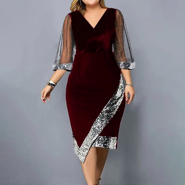 TIMIFIS Robe Moulante Midi Élégante pour Femmes à Col en V, Manches Longues Lanterne, Froncée, en Maille Extensible, Ajustée, Formelle, pour Fête et Cocktail, Printemps Été, Printemps
