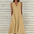 thumbnail image 3 of Ohufall Robe Femme en Coton et Lin à Col en V Sans Manches Décontractée Robe Débardeur Unie Confortable avec Poches Robe Midi d'Été Chic, 3 of 5