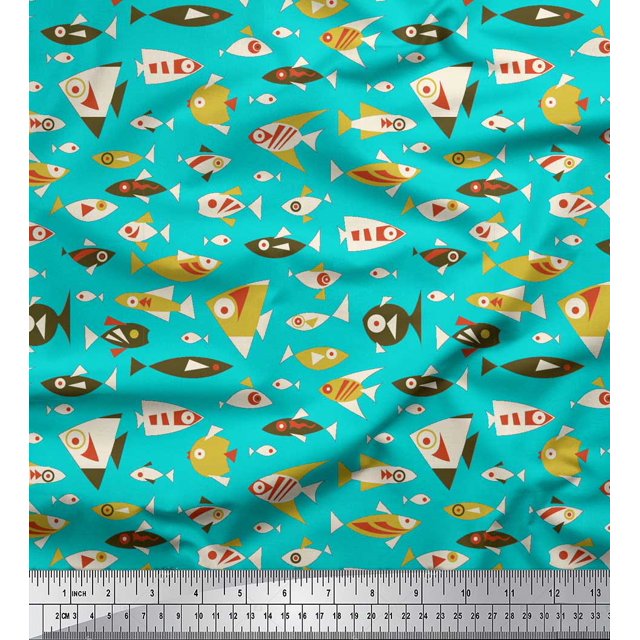 Soimoi Green polyester Crepe Fabric Fish Ocean Printed Craft Fabric by the Yard 42 Inch Wide