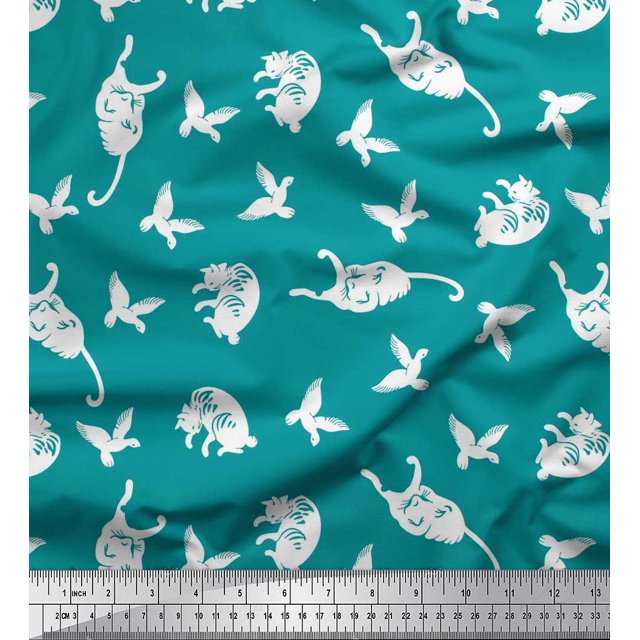 Soimoi Rayon Fabric Bird & Cat Animal Print Fabric by The Yard 42 Inch Wide