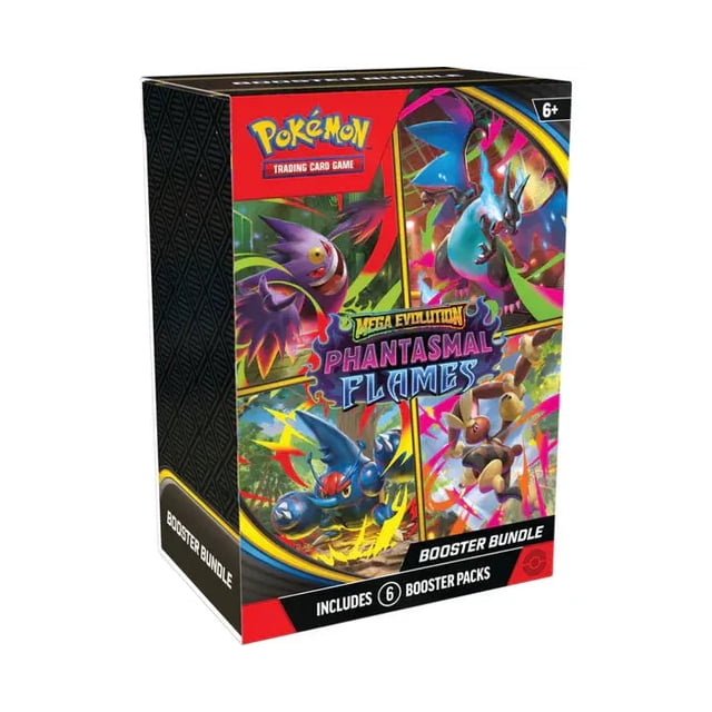 Pokemon Mega Evolution Phantasmal Flames Booster Bundle angled front view of six booster packs fanned on a dark backdrop featuring Mega Charizard X ex and Mega Gengar ex artwork with searing blue flames and shadowy battlefield motifs; collectible booster pack bundle for Pokémon TCG, suitable for expanding collections or draft play.
