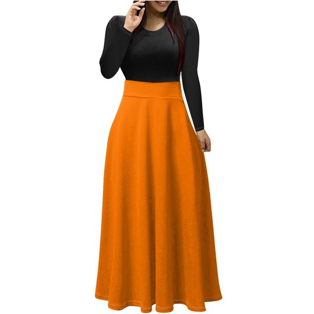 Robe Gothique pour Femmes Robe Maxi pour Femmes Unie à Manches Longues à Col Rond à Enfiler Robe Patchwork Robes Maxi pour Femmes P-77 Orange TTG