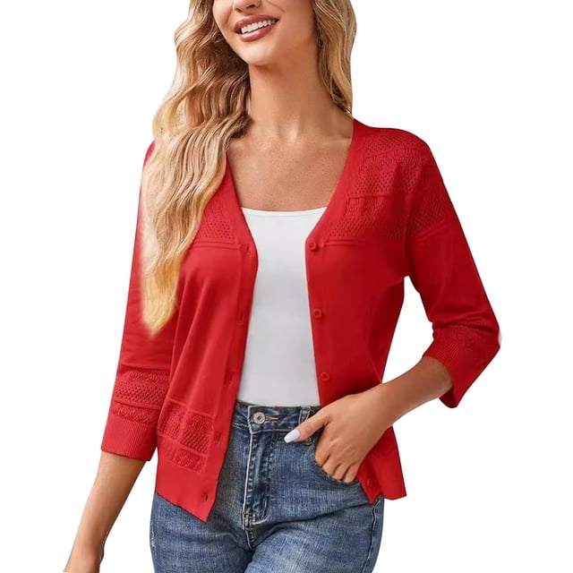 RXIRUCGD Cardigan en Tricot Uni à Manches Longues et Col en V pour Femme, Rouge, Taille : 2TG