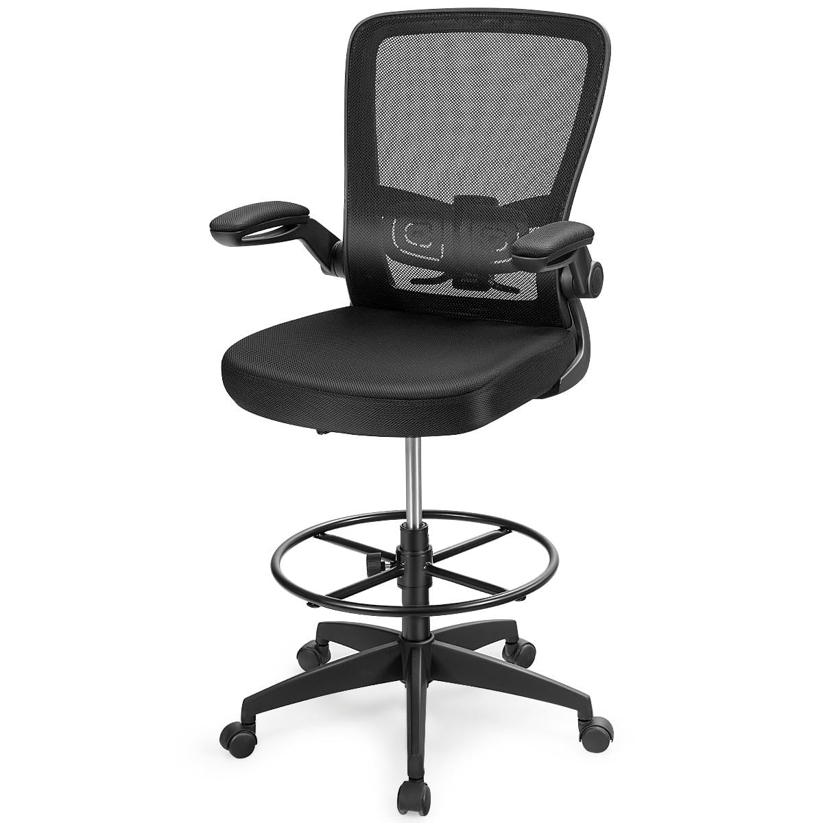 Giantex Ergonomic Drafting Chair, Adjustable Tall Office Chair with Flip-Up Armrest, Lumbar Support, Humanized Foot Ring, Soft Cushion, 360¡ã Swivel Design, Breathable Mesh Fabric, for Home Office