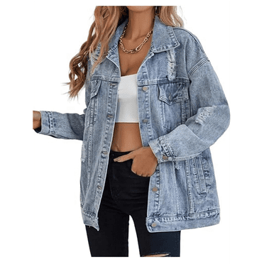 Women's Long Oversized Denim Jacket Boyfriend Ripped Distressed Jean Jackets Coat Light Blue S