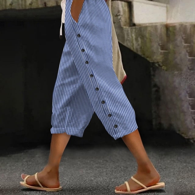 Summer Savings Clearance!Staron Striped Capris Pants for Women Lightweight Spring Summer Pants for Women 2025 Ladies Drawstring Capri Pants with Pockets