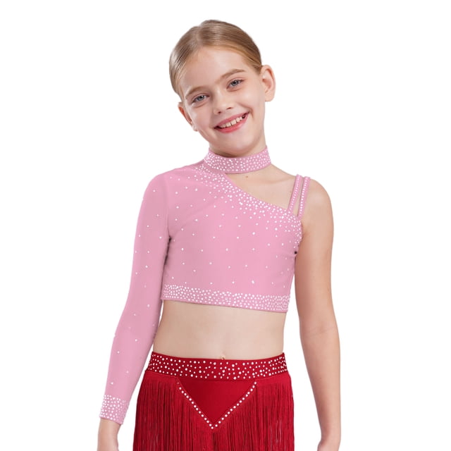 Manyakai Kids Girls Shiny Rhinestone Jazz Latin Modern Lyrical Dance Crop Tops Irregular Shoulder Pink 14