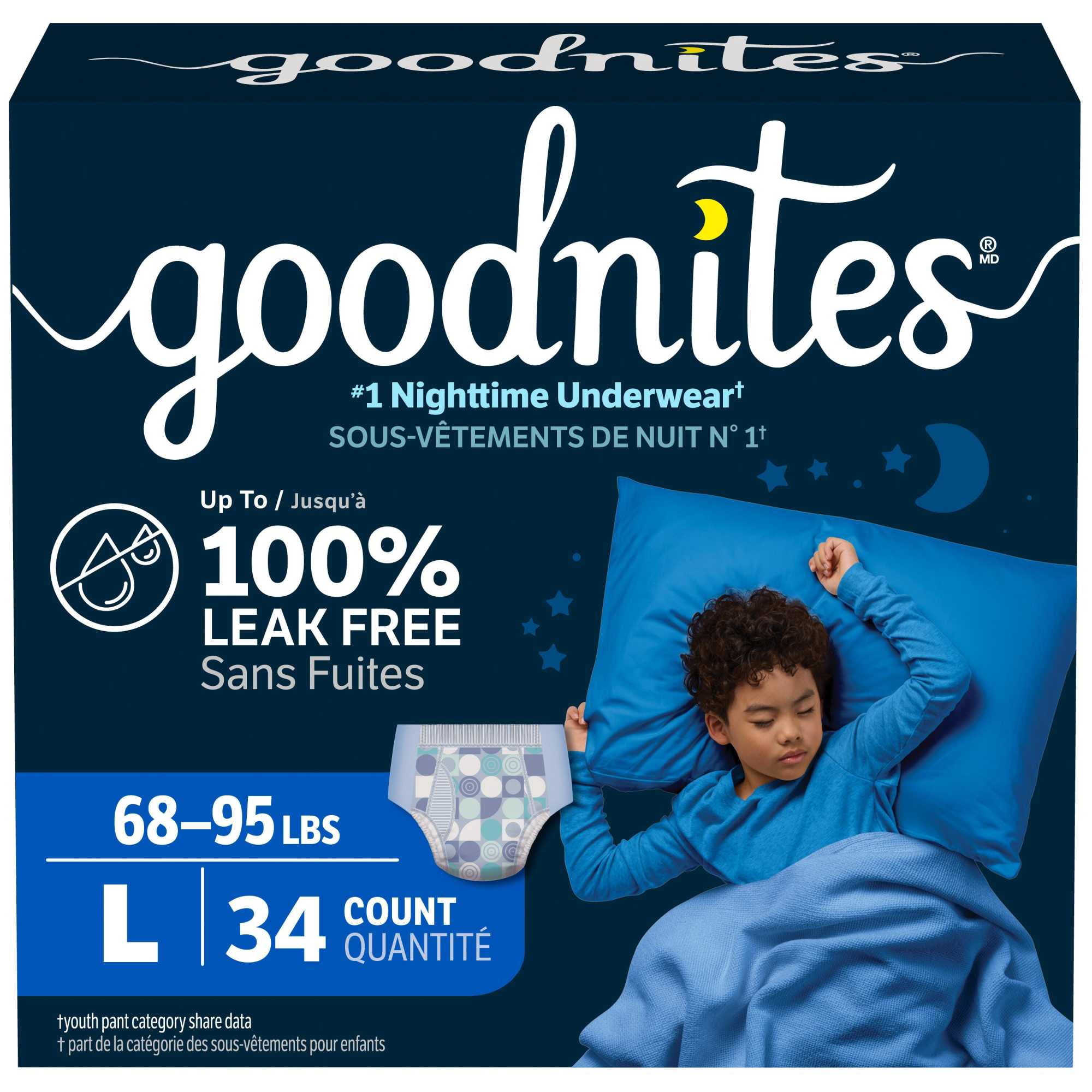 Sous-vêtements de nuit Goodnites pour garçons, taille P/M (31 à 43 kg [68 à 95 lb]), 34 sous-vêtements