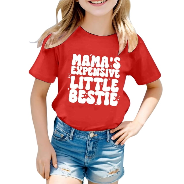 Girls Softball under Shirts Ruffle Girl Clothes Children's Casual Letter Pattern Print Multicolor Round Neck Short Sleeves