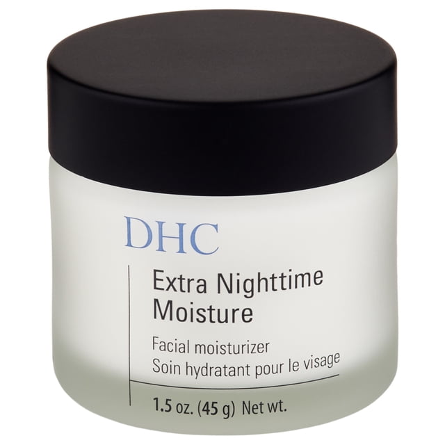 DHC Hydratant facial Hydratation Nocturne Supplémentaire en Pot de Verre Givré de 1,5 oz (45 g) avec Couvercle Noir. Cette Crème pour le Visage Hydrate et Revitalise la Peau de Nuit avec une Formule Riche en Collagène Contenant de l'Huile d'Olive, du squalane et de la Vitamine E pour Favoriser l'Élasticité et Maintenir la Barrière d'Hydratation Naturelle de la Peau. Sans Parfum et Convient à Tous les types de Peau, Y Compris la Peau Sèche et Sensible, Elle Est Idéale pour les routines de Soins de la Peau.