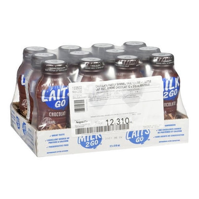 Milk 2 Go Milk Chocolate 1% Bottle 310ML/10.4 oz (12/Case) arranged in a retail tray. The tray holds 12 brown-labeled bottles with Milk 2 Go branding, highlighting chocolate milk and dairy beverage details. Perfect for on-the-go consumption, each bottle is nutrient-rich and offers a creamy chocolate flavor.