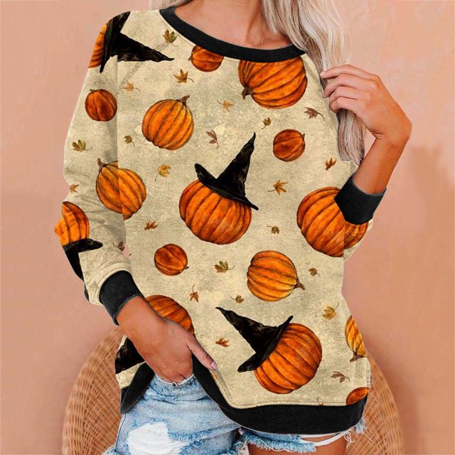 Chandails à Capuchon Mode pour Femmes 2023 Décontractés à Manches Longues à Col Rond Hauts Blouse Ample Chandail Graphique à Imprimé d'Halloween Rabais de 50 % Liquidation Costumes d'Halloween/Noël