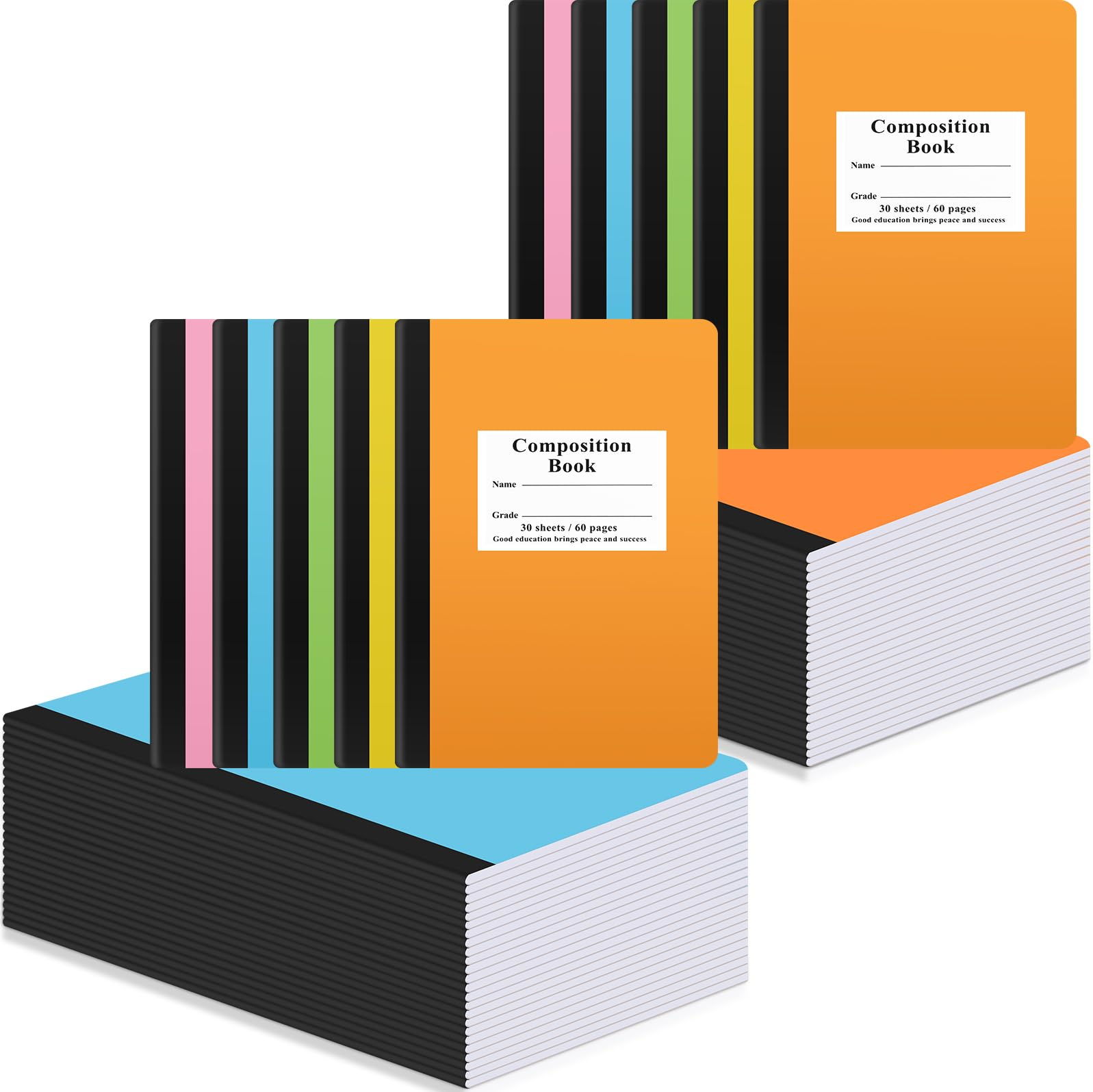 Janlaugh Composition Notebooks Bulk Wide Ruled Lined, 8.5 x 5.5 Inch, 30 Sheets/60 Pages, Back to School Supplies, First Day of School Notebooks for Teacher Student Offi