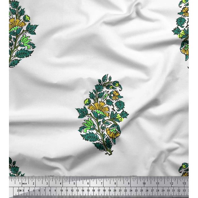 Soimoi Modal Satin Fabric Leaves & Floral Block Print Fabric by Yard 42 Inch Wide