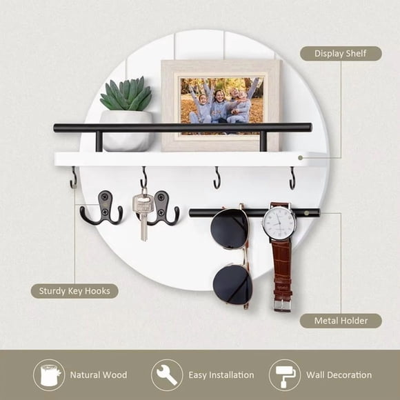 Wall Mount Key Holder Key and Mail Organizer Rack 11.8Inch Key Holder with Shelf and Hooks for Wall Decorative Organizer