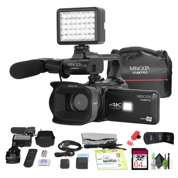Minolta MN4KPRO 4K60FPS UHD 64 MP Autofocus Pro Camcorder Kit w/WiFi Bundle With 64GB Memory Card + Cleaning kit + Memory Card Wallet + USB Card Reader, SD/microSD