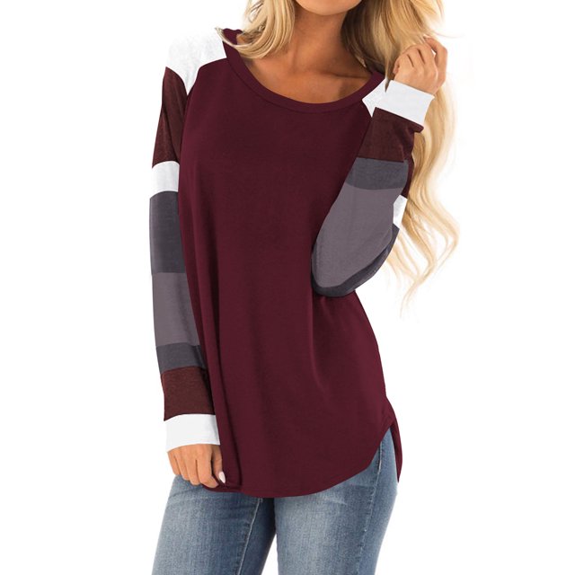 ZXZY Women Color Block Round Neck Long Sleeve Scoop Hem Tunic Top