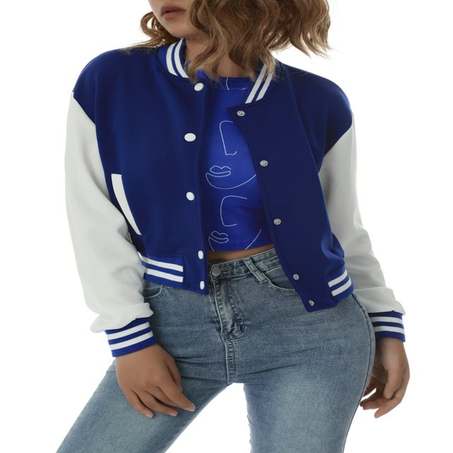 CenturyX Women Long Sleeve Cropped Baseball Jacket Color Block Button Down Front Open Fashion Bomber Jacket Coat Purple M
