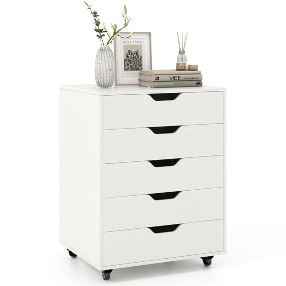 Gymax Lateral File Cabinet w/ Wheels 5-Drawer Dresser Modern Chest of Drawers