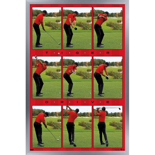 Tiger Woods - Affiche Murale Drive, 22,375 Po x 34 Po Mettant en Vedette une Séquence de Neuf Panneaux d'Un Golfeur en Chemise Rouge et Pantalon Noir Démontrant une Balançoire de golf Drive sur un Parcours Vert avec des Arbres et des Pièges à Sable, Encadrée d'Une Bordure Rouge avec Texte « Tiger Drive » entre les Panneaux, Convient à la Déco Murale de la Maison Ou du Bureau.