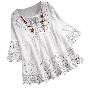 Penkiiy Embroidered Tops for Women Plus Size Vintage Lace Patchwork Bow V-Neck Tops Half Sleeve Boho Cute Mexican T-Shirt M White