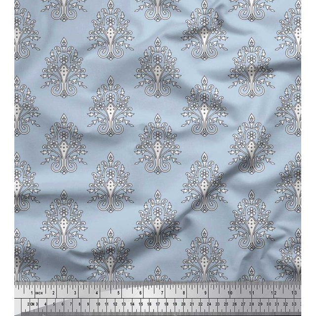 Soimoi Polyester Crepe Fabric Leaves,Floral & Paisley Block Print Sewing Fabric Yard 52 Inch Wide