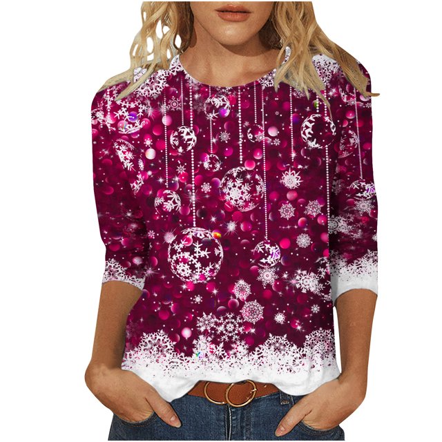 Pisexur Chandails de Noël pour Femmes Chandails à Manches 3/4 pour Femmes Chandails à Col Rond Graphiques Amusants Chandails à Capuchon Décontractés pour les Fêtes de Noël Confort Amples Mode d'Automne Chandails à Enfiler