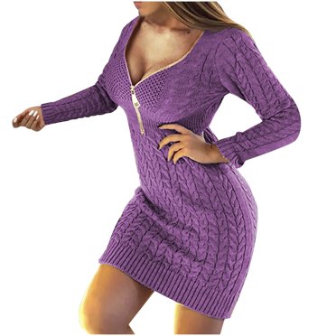 Fankiway Robe d'Hiver pour Femme, Couleur Unie, Tricotée, Manches Mi-Longues Longues, Demi-Glissière, Col en V, Robes pour Femmes, Grande Taille, Liquidation, Robes d'Été pour Femmes, Manches Courtes