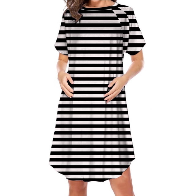 Bwiyojiz Mode Tailles P-TTG Fermeture Éclair Latérale Allaitement Maternité Imprimé Robe à Manches Courtes Col Rond pour Femmes Enceintes Pyjama Décontracté, Noir