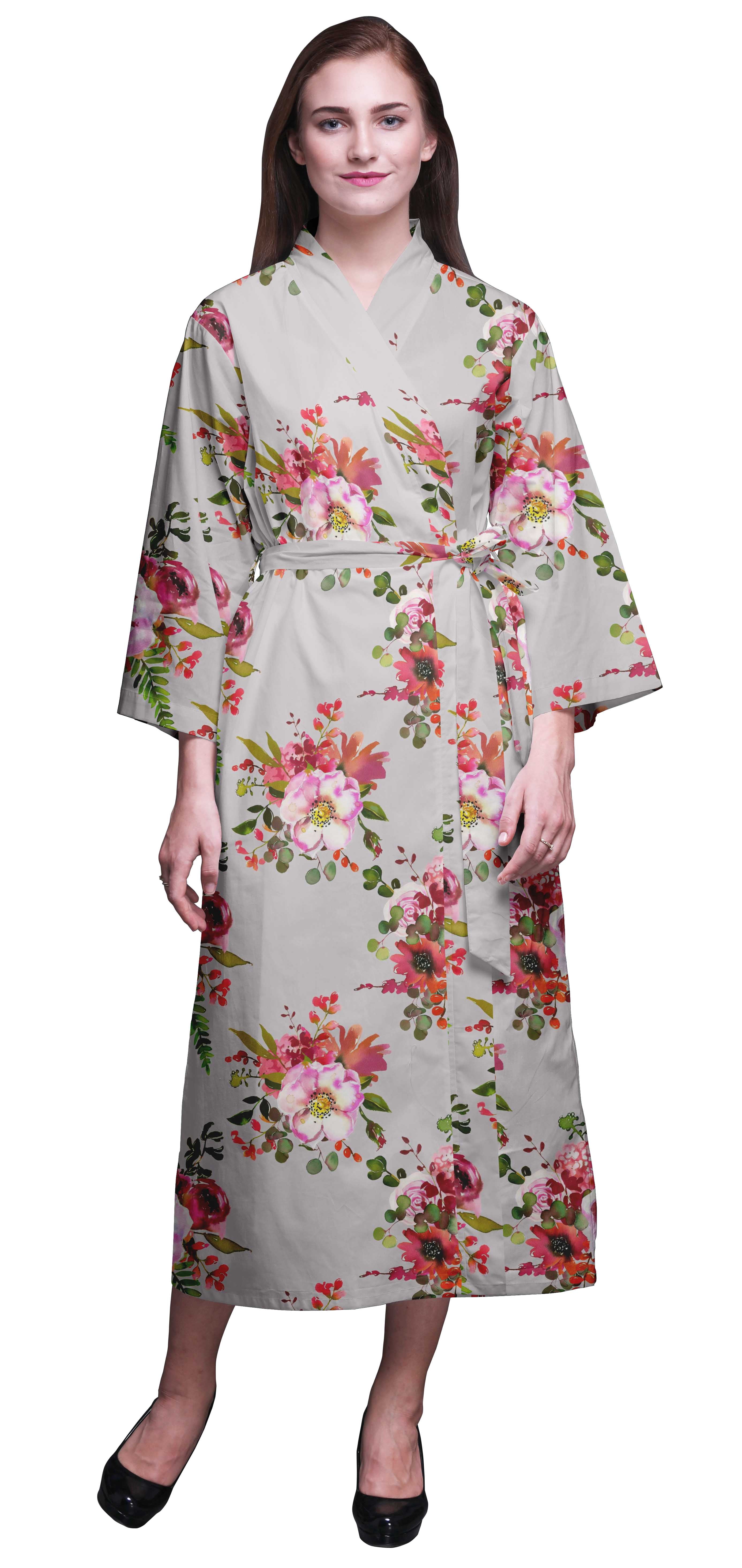 Bimba Light Grey Floral Leaves & Peony Bathrobes For Women Wrap Printed Bride Getting Ready Dress Robe For Girls XS