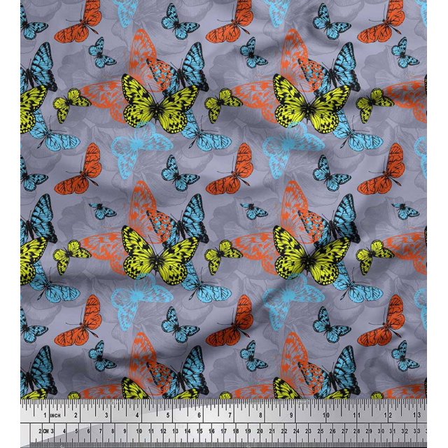Soimoi Grey Rayon Fabric Colorful Butterfly Fabric Prints By Yard 42 Inch Wide
