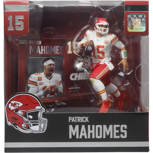 McFarlane NFL Patrick Mahomes (Kansas City Chiefs) Action Figure in a white jersey, standing 7 inches tall. The static figure is displayed in its original packaging, featuring Kansas City Chiefs branding and the number 15. The packaging includes a detailed image of Patrick Mahomes and NFL licensing logos.