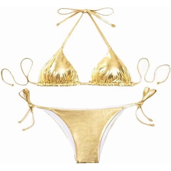 Women's Metallic Bikini Halter Top Two Piece Swimsuit Tie Side Triangle Bikini with Padded Gold Large